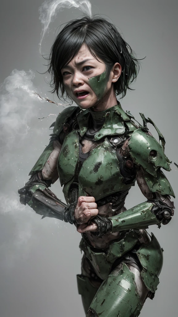 Rough skin, Very detailed, Advanced Details, high quality, 最high quality, High resolution, 1080P 、Bleeding from the wound、Sexy Eyes、Wearing green and black、cute((The whole body is sweating))(Equipped with a damaged battle suit....)(Dark green armor)(Broken Armor)Black Hair、Chiquita、short hair、Open your mouth、Painful expression、It hurts again、Healthy Skin、40-year-old woman (Steam coming out of the face) ((Steam from the body)) Unable to fight Severe attacks Normal face freckles Full-body portrait with no exposed skin