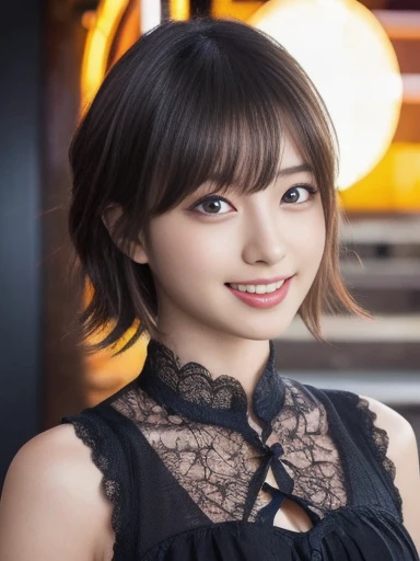 1 Girl, (Wearing colorful stage costumes:1.2), Very beautiful Japanese idol portraits, Face close-up, (RAW Photos, Highest quality), (Realistic, Realistic:1.4), (masterpiece), Very delicate and beautiful, Very detailed, 2k wallpaper, wonderful, finely, Very detailed CG Unity 8K wallpaper, Very detailed, High resolution, Soft Light, Beautiful detailed girl, Very detailed目と顔, Beautiful and sophisticated nose, Beautiful and beautiful eyes, Cinema Lighting, (Simple light color background:1.3), (short hair), (Bob), Complete Anatomy, Slender body, Small breasts, smile、In town