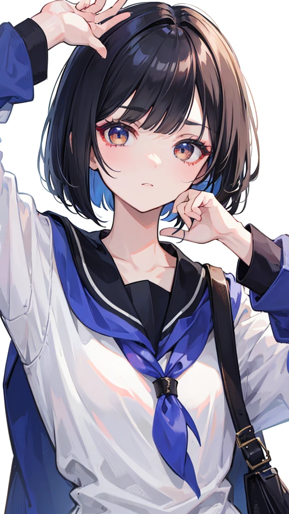 Please create an image that adheres to the following characteristics: - Short bob hairstyle - Short bangs on the forehead that expose the eyebrows - Asian features with wide, lively eyes - Natural make-up - Sailor uniform - Simple white background