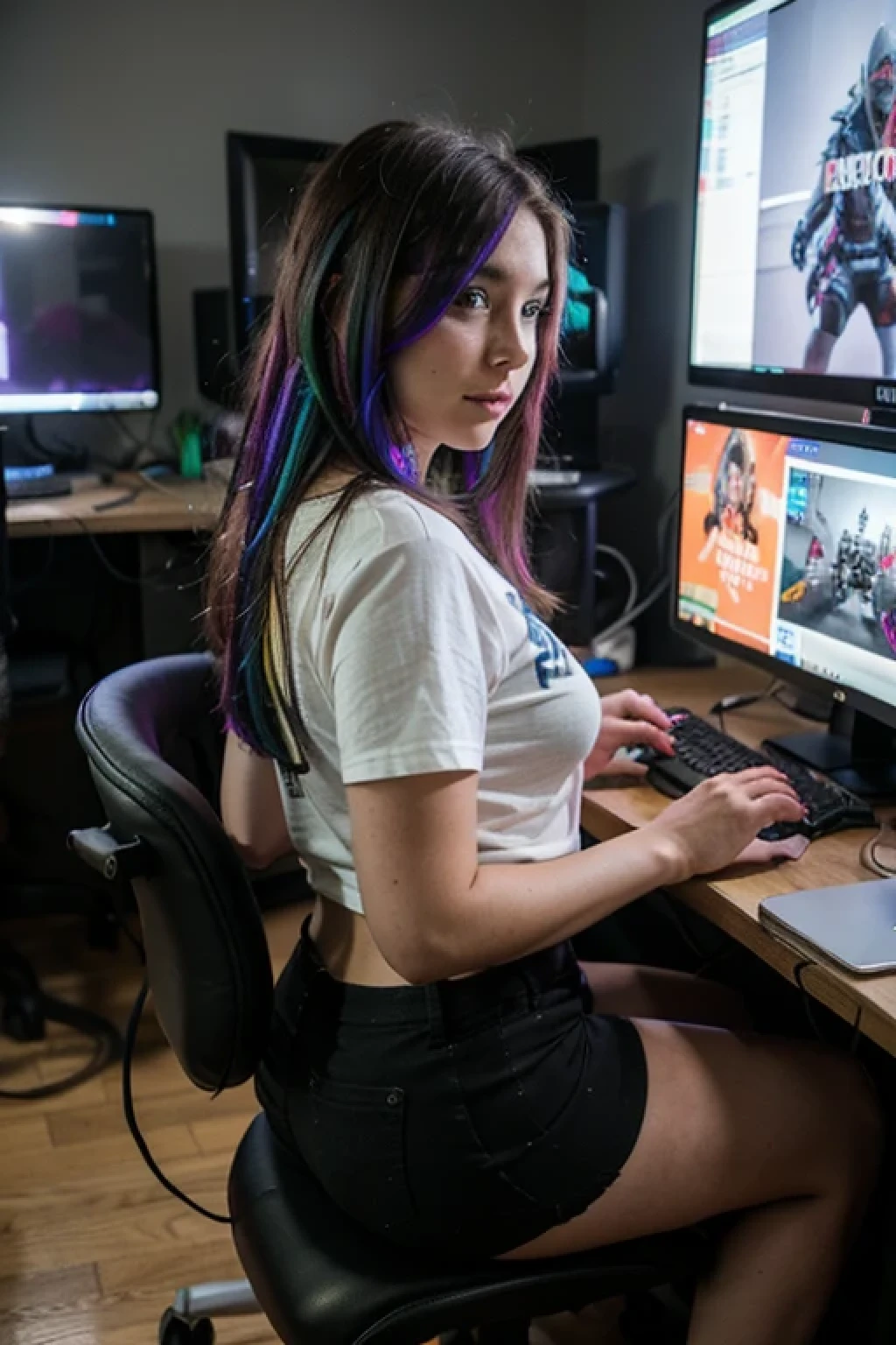 Ukrainian girl in her 30s wearing black neon shorts and t-shirt, multi colored hair, very long hair, playing video game on a large monitor, gamer girl, sitting on an gamer chair, curvy, large hip, camera takes side view photo of the girl, she is facing the desktop monitor, detailed hands, detailed fingers, RGB PC case in background