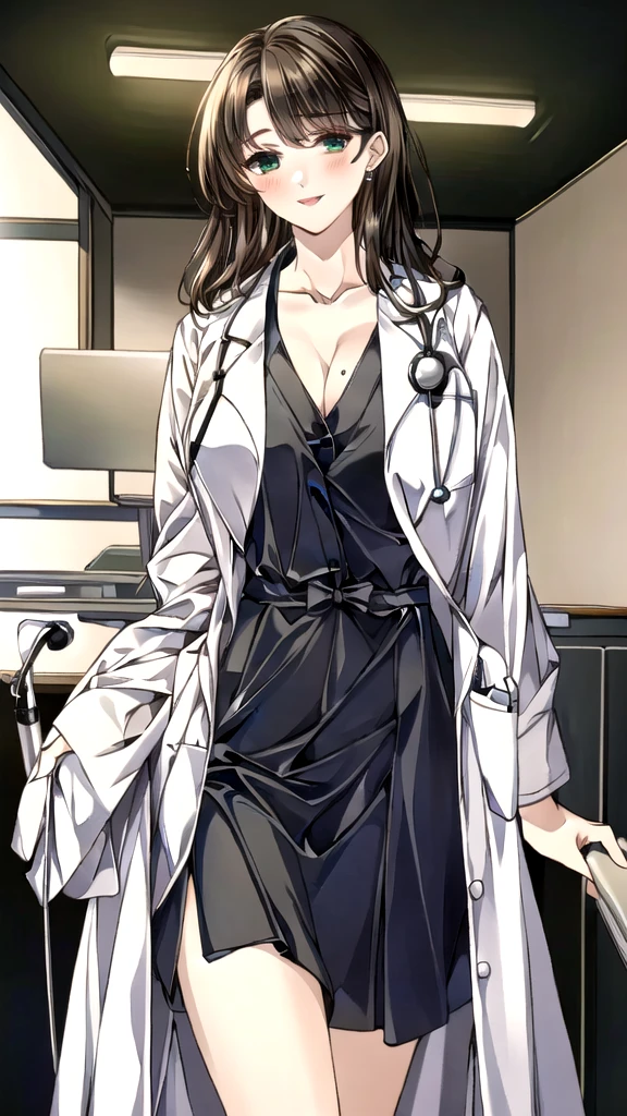 ((masterpiece, best quality, high quality)),1girl, (lower body, hospital), (doctor_uniform, labcoat, stethoscope, doctor),Large Breasts，cleavage，lipstick，Smile，lipstick，Green eyes