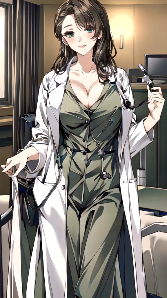 ((masterpiece, best quality, high quality)),1girl, (lower body, hospital), (doctor_uniform, labcoat, stethoscope, doctor),Large Breasts，cleavage，lipstick，Smile，lipstick，Green eyes