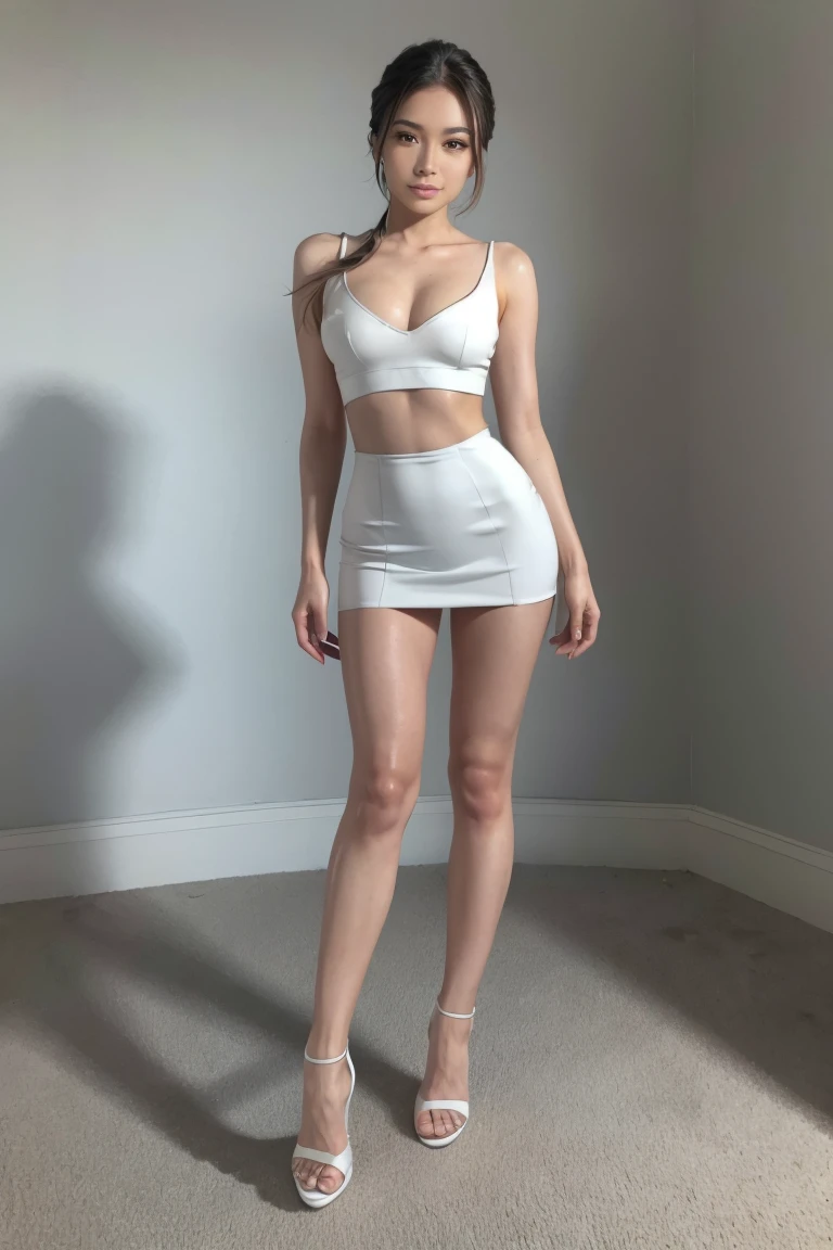 Woman in white 2 piece and stilettos, full body, pose
