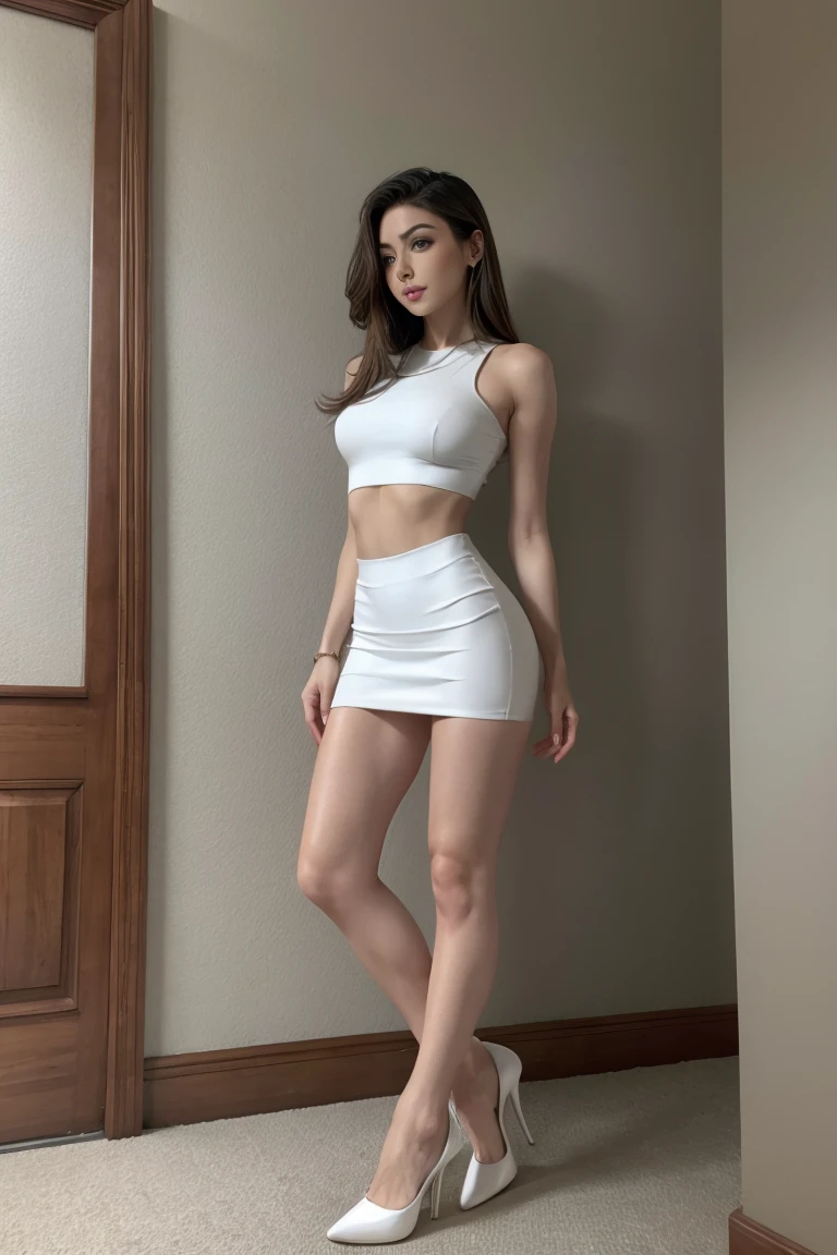Woman in white 2 piece and stilettos, full body, pose