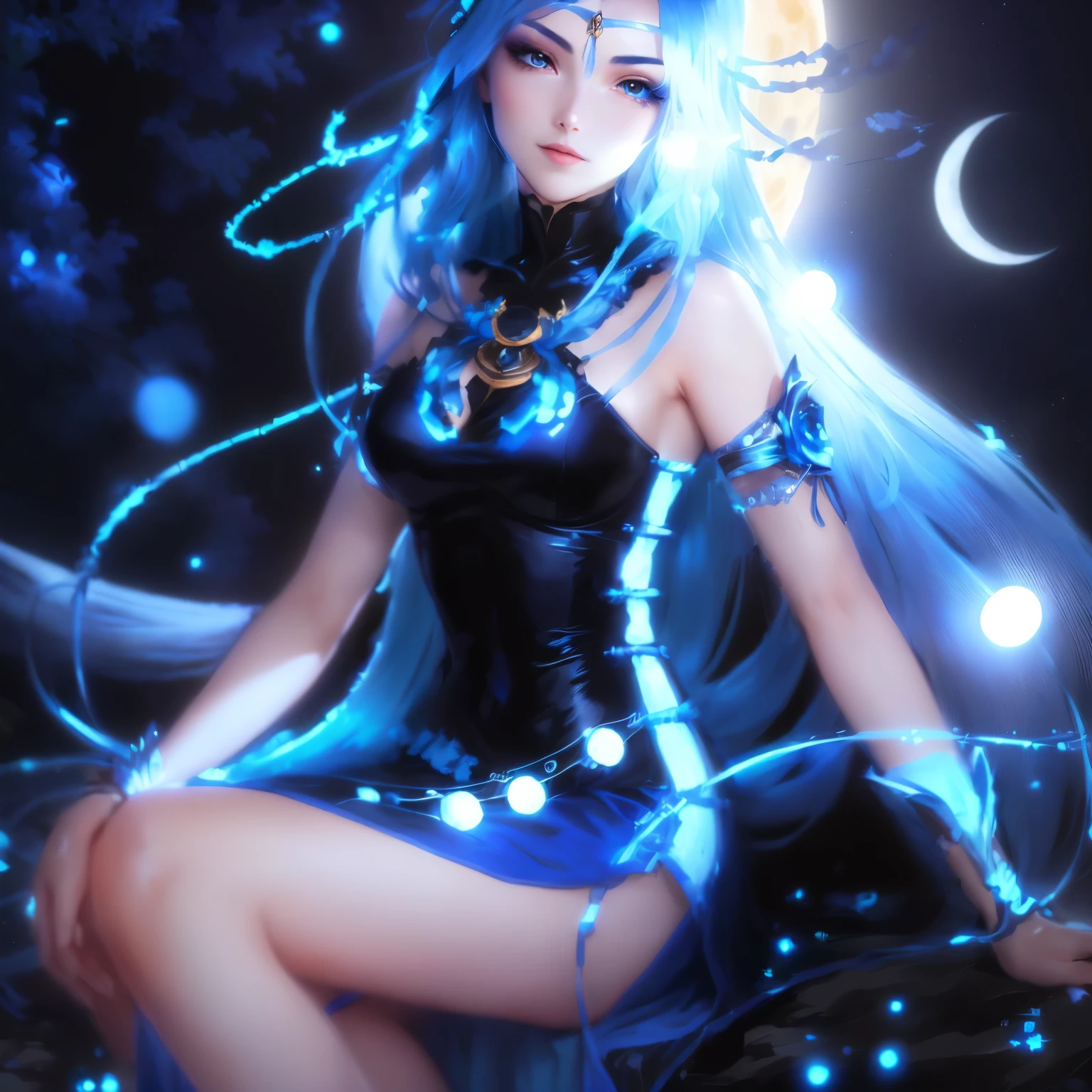a woman in a blue dress sitting on a rock with a full moon behind her, anime goddess, nico robin, moon goddess, knights of zodiac girl, also known as artemis the selene, the goddess artemis smirking, lunar goddess, the greek goddess aphrotite, maya ali sorceress, celestial goddess, goddess of the moon, tenebra, best quality, 8k, blue hair, white eyes, blue dress