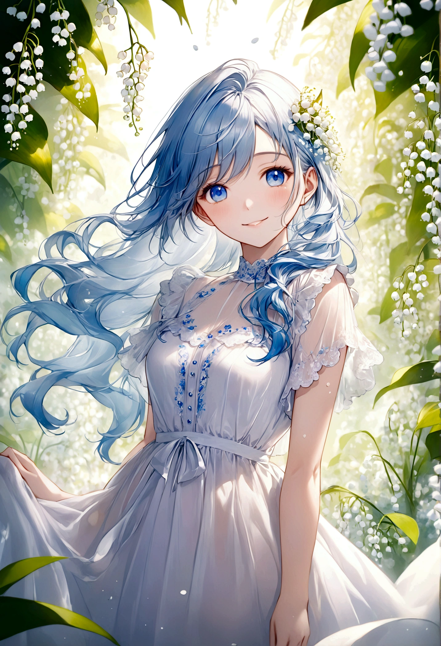 ((top-quality)), ((masterpiece)), ((ultra-detailliert)), (extremely delicate and beautiful), beautiful woman, bright light blue hair, long wavy hair, sapphire blue eyes, wearing a lily of the valley dress, sheer white dress, dress has embedded delicate white flowers, sweet smile, relaxed expression, fair complexion, spring background