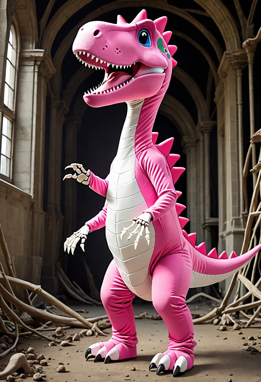 masterpiece,Highest quality,A wearing a cute pink dinosaur costume is looking up at a dinosaur skeleton, whole body,