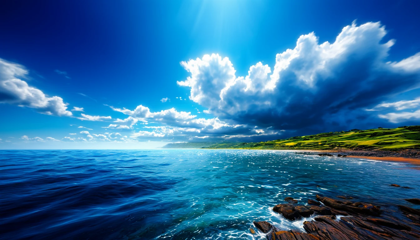 Summer sky,Realistic,Very realistic,Extreme Detail,Breathtakingly realistic,High contrast realism,High Saturation Realism,Vibrant colors,Dramatic lighting,Fascinating landscape,Persuasive storytelling,Atmospheric scenery,Captivating visuals,Intricate details,Strong emotions,Heavenly Beauty,A dreamlike world, sea, colourful