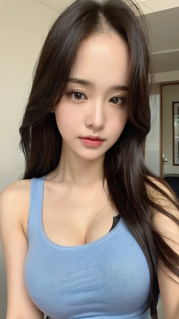 (lifelike, high - resolution:1.3), 1 girl with a perfect body, Super fine face and eyes,slong hair, Tank top of random colors:1.2, short jeans, big boob,Expose cleavage