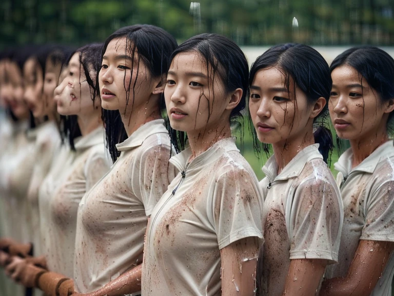 (A plain white short sleeved dirt stained field hockey uniform with a very tight white half zip:1.7)、(A large, dirt-stained, white, square collar: 1.6)、(Red clay ground:1.5)、My hair is wet and messy、(Beautiful Japanese woman covered in dirt:1.6)、Highest quality, masterpiece, Ultra-high resolution, Photorealistic, Raw Photos,Detailed face,(Muscular woman:1.4), (Fastener open: 1.8), (Upper body zoom up:1.0),(Everyone wears the same clothes:1.0), All members are super beauties, (Beautiful Japanese women lined up in orderly fashion: 1.7), (Hair tied up: 1.4), (Gentle expression:2.1), Bright photo, (My whole body is drenched in rain: 1.6), (Covered in mud and earth: 1.0)