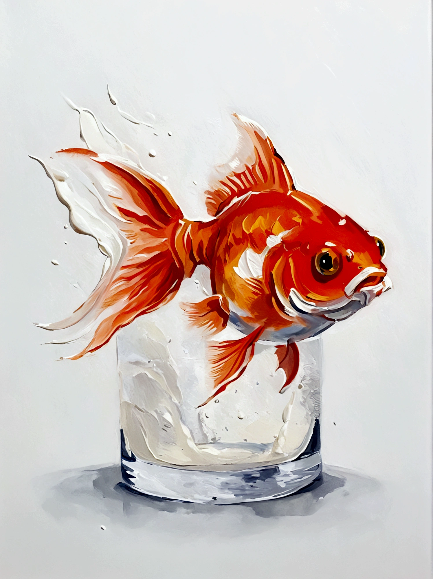 A goldfish，Perfect proportion，symmetry，vanilla，bright，White background，real，emotion，Thick textured paint, 