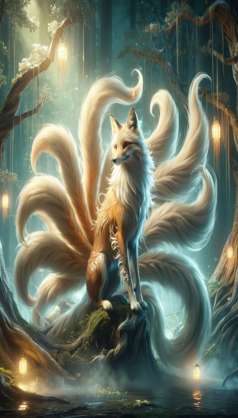 Panorama，A wild beast in the forest，Looks like a fox with nine tails on its back，Mysterious Creatures, shrike, (best quality，4K，8K，High level，masterpiece：1.2），Ultra Detailed，（lifelike，Photo real，Photo real：1.37），Highly detailed animals，Complex patterns，Realistic lighting，Fantasy Creatures