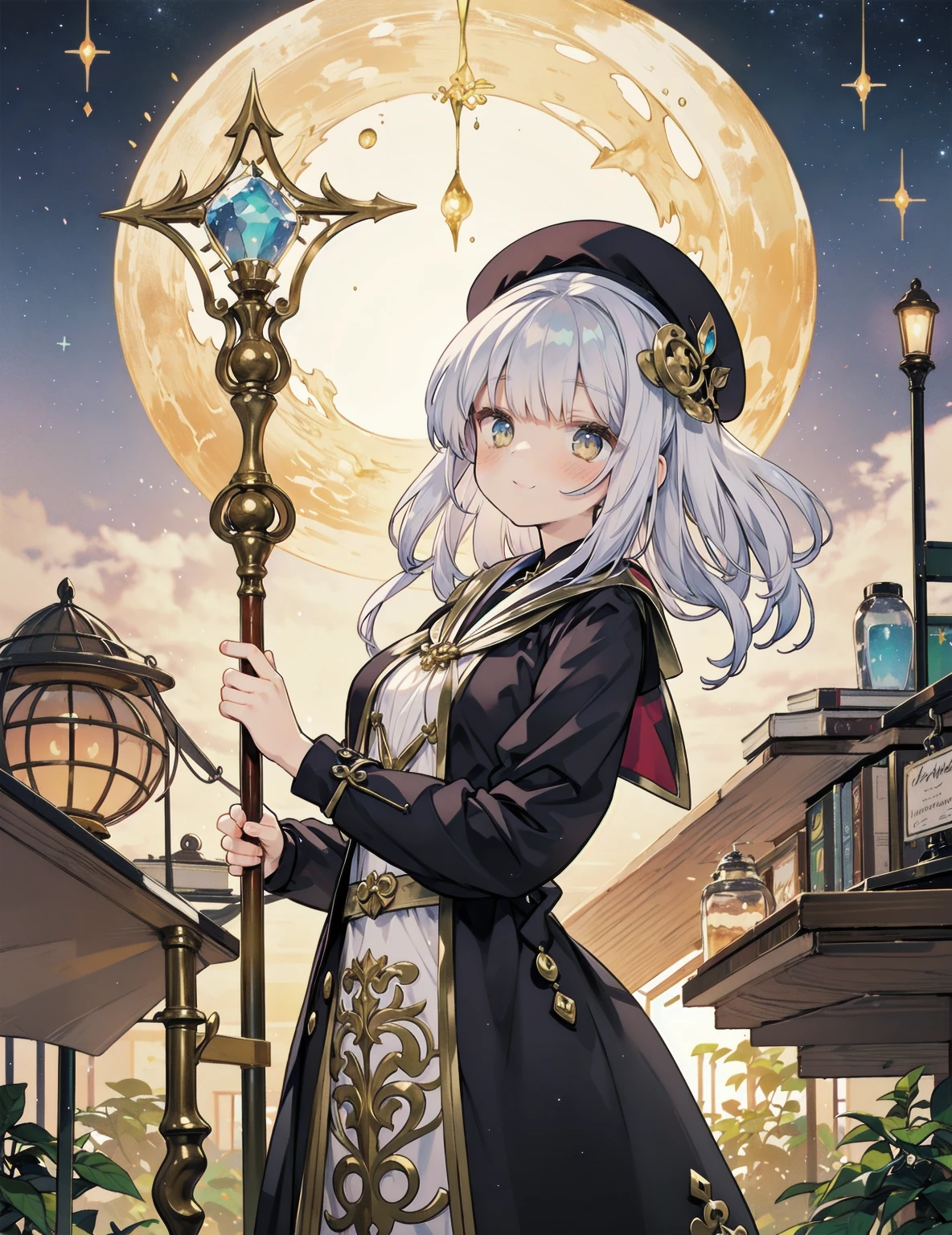 
natural lighting, dusk, dawn, light smile, upturned cheeks, slightly shining hair, half up do, beret, hair ornament, alchemist, atelier series, large staff, gold, silver, Gemstones, brilliance, precious, 1girl, solo, fantasy landscapes, Scholarly, intellectual, floating light, magnificent, splendid,