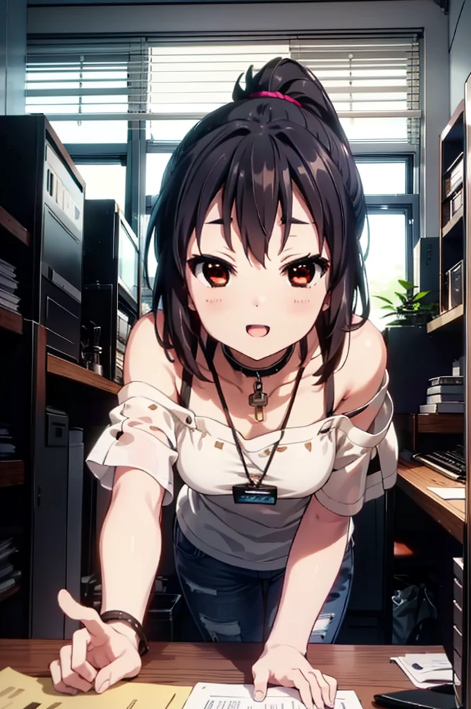 meet, Azusa Nakano, Black Hair, (Brown eyes:1.5), Long Hair, ponytail,Cold shoulder tops,Short sleeve,Skinny jeans,Stiletto heels,happy smile, smile, Open your mouth,interior,There is a computer on the table,Walking,So that the whole body goes into the illustration,昼間
break indoors, office,
break looking at viewer,
break (masterpiece:1.2), Highest quality, High resolution, unity 8k wallpaper, (figure:0.8), (Beautiful attention to detail:1.6), Highly detailed face, Perfect lighting, Highly detailed CG, (Perfect hands, Perfect Anatomy),