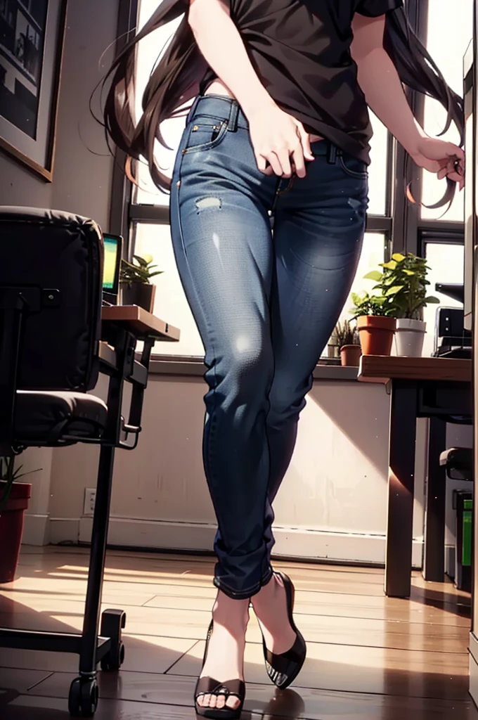 meet, Azusa Nakano, Black Hair, (Brown eyes:1.5), Long Hair, ponytail,Cold shoulder tops,Short sleeve,Skinny jeans,Stiletto heels,happy smile, smile, Open your mouth,interior,There is a computer on the table,Walking,So that the whole body goes into the illustration,昼間
break indoors, office,
break looking at viewer,
break (masterpiece:1.2), Highest quality, High resolution, unity 8k wallpaper, (figure:0.8), (Beautiful attention to detail:1.6), Highly detailed face, Perfect lighting, Highly detailed CG, (Perfect hands, Perfect Anatomy),