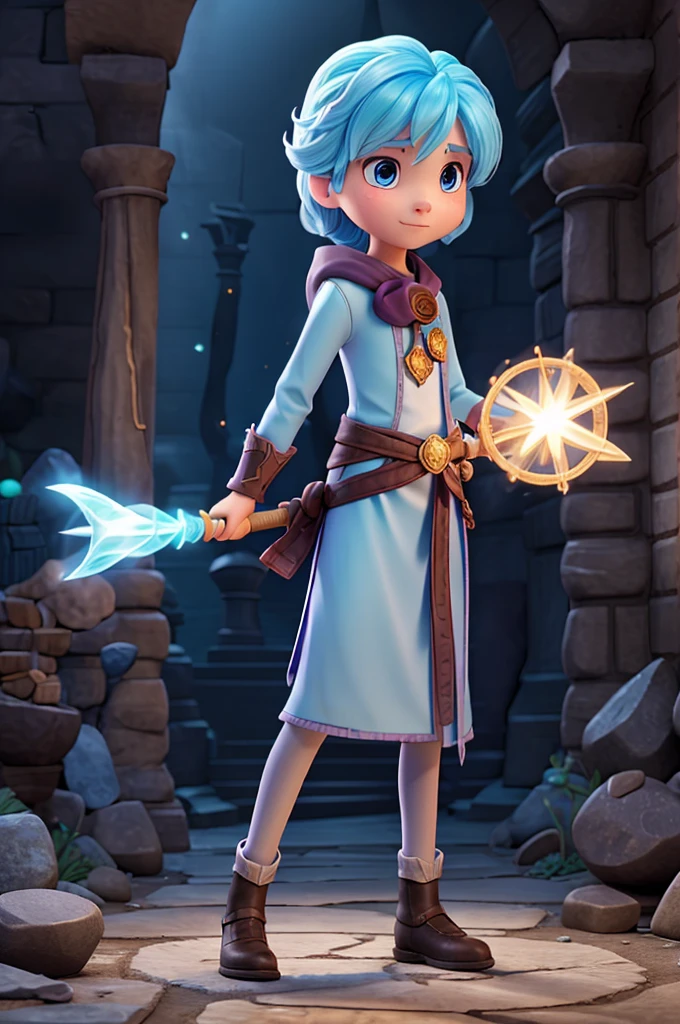 Make a picture that has a young ice wizard holding a large staff with a glowing stone at the end., learning magic at a magic school with her old teacher.