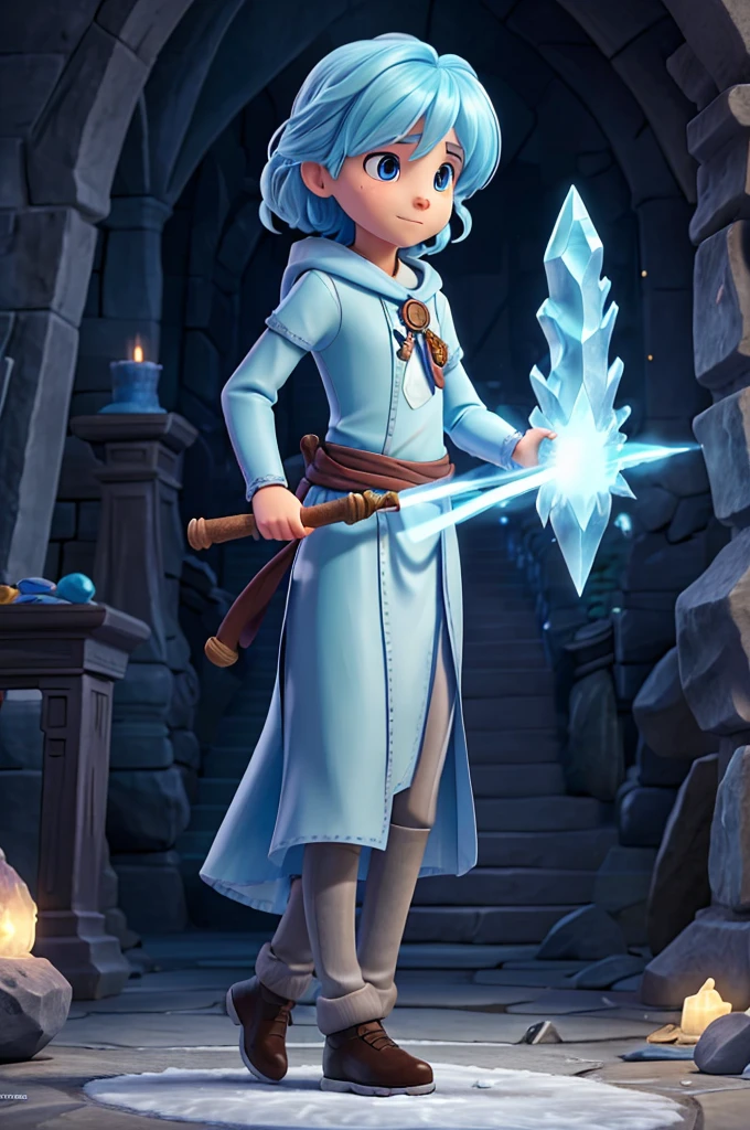 Make a picture that has a young ice wizard holding a large staff with a glowing stone at the end., learning magic at a magic school with her old teacher.