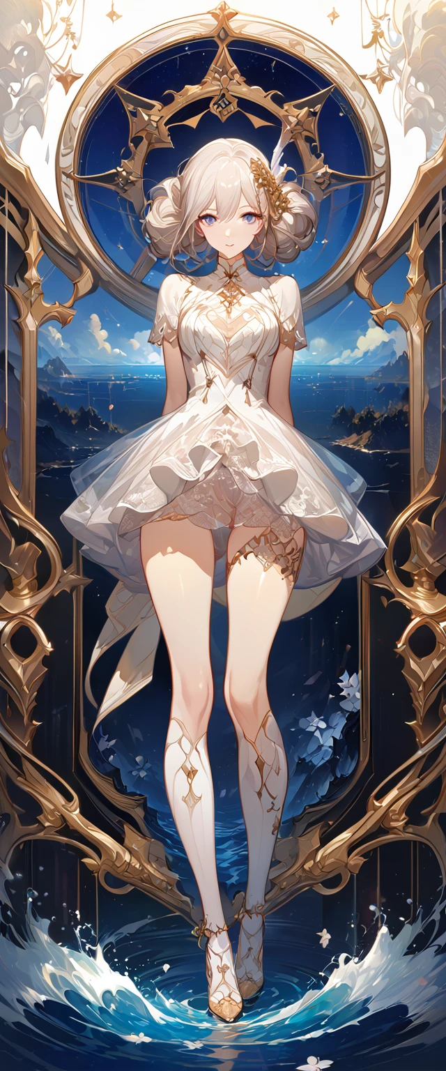best quality ,masterpiece, illustration, an extremely delicate and beautiful, extremely detailed ,CG ,unity ,8k wallpaper, Amazing, finely detail, masterpiece, best quality, official art, extremely detailed CG unity 8k wallpaper, solo, thigh focus, (full body), arms behind back, white background, finely detailed face and eyes, extreme detail, detailed face, detailed hair, detailed clothes, high quality, slim body, water, masterpiece:1.3, focus:1.2, skirt, short skirt, transparent skirt, lace skirt, all kind of pose, big , hair ornament, meticulous clothes, inspired by Asukaziye artist : ask, art style : ask
