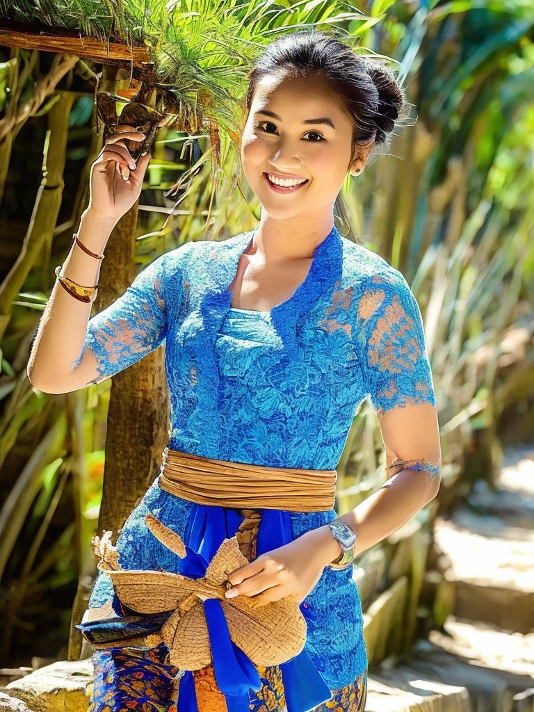 medium shot. Asian woman with a cheerful face, hair tied in a typical Javanese bun, wearing a blue Javanese kebaya with batik pattern, in a fast-flowing rocky river, while carrying a brown wooden basket full of fruit, a background of rocks, bamboo trees, bushes