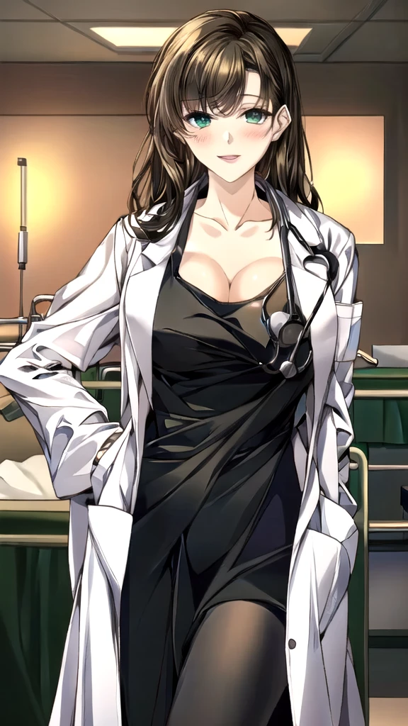 ((masterpiece, best quality, high quality)),1girl, (lower body, hospital), (doctor_uniform, labcoat, stethoscope, doctor),Large Breasts，cleavage，lipstick，Smile，lipstick，Green eyes