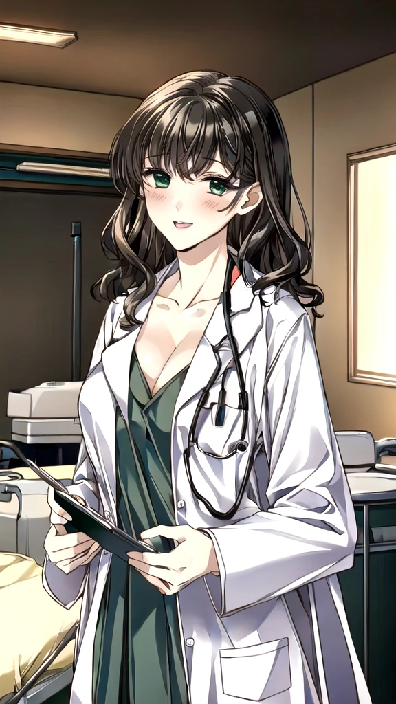 ((masterpiece, best quality, high quality)),1girl, (lower body, hospital), (doctor_uniform, labcoat, stethoscope, doctor),Large Breasts，cleavage，lipstick，Smile，lipstick，Green eyes