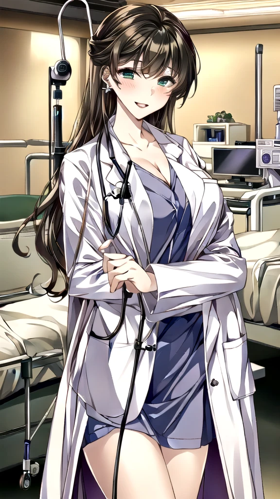 ((masterpiece, best quality, high quality)),1girl, (lower body, hospital), (doctor_uniform, labcoat, stethoscope, doctor),Large Breasts，cleavage，lipstick，Smile，lipstick，Green eyes