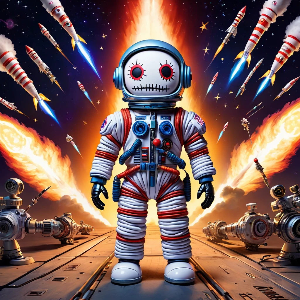 (knitted toy voodoo doll:1.7), (Voodoo on a Rocket Launch Pad:1.3), (Clothing: astronaut suit with glowing rocket launch patterns:1.0), (Accessories: enchanted countdown timer emitting sparks of space exploration, levitating rocket parts:1.1), (background: mystical launch pad with floating rockets, glowing fuel tanks, and spectral engineers:1.2), best quality, masterpiece, detailed soft oil painting, detailed background, dramatic cinematic lighting, soft edge lighting, professional, dramatic lighting, hard edge lighting, ultra quality, 4k, masterpiece, best quality, 8k, ultra high definition, high resolution, extremely detailed