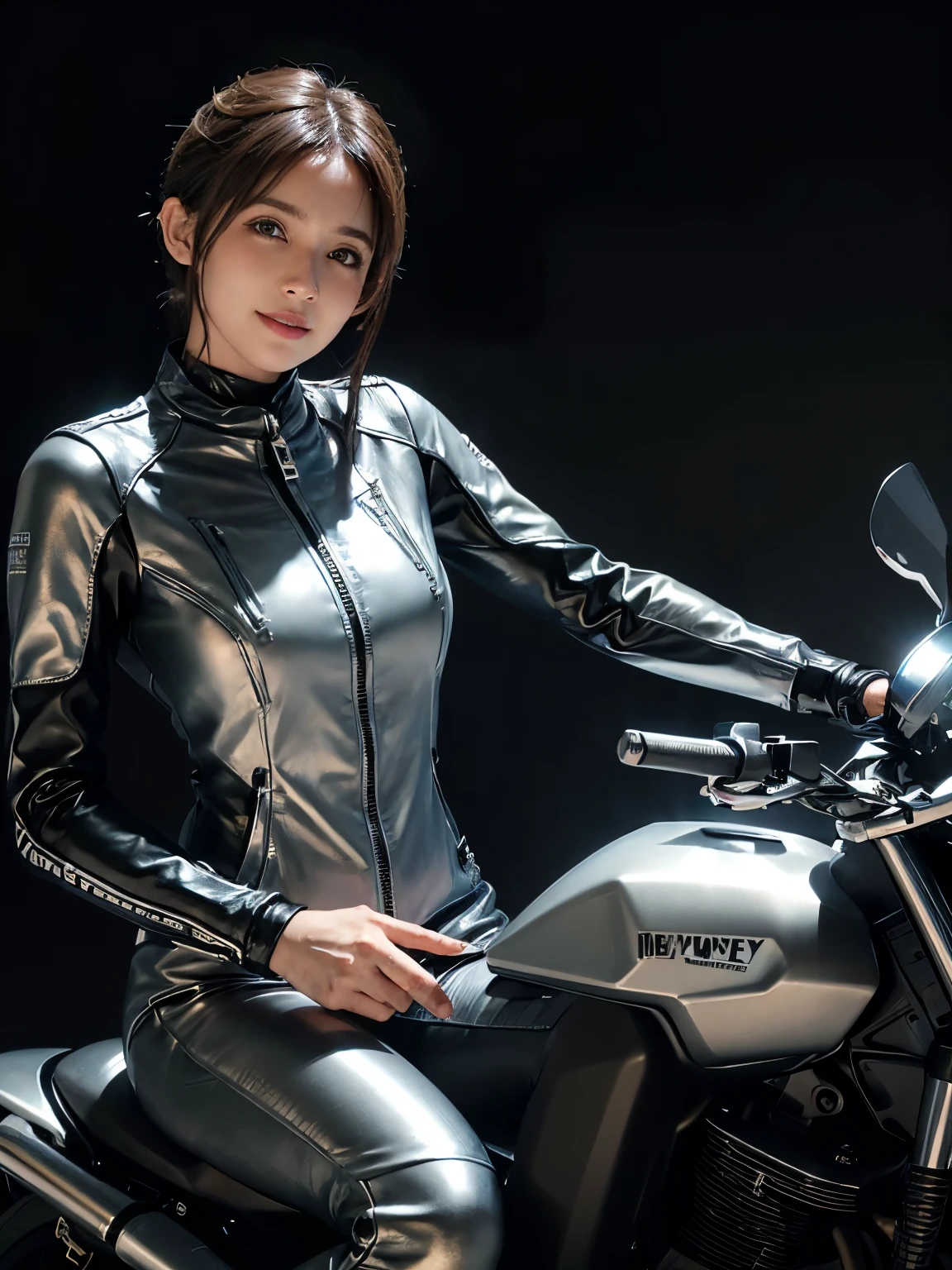 Hyperrealist Female Portrait by David Hockney and Alphonse Mucha, Photo Real, Dynamic Lighting, Volumetric lighting, Highly detailed face, Detailed Hair, 8K, One girl, smile, Short Hair, Detailed Motorcycle, ((Riding a motorcycle)), ((Silver racing leather suit))