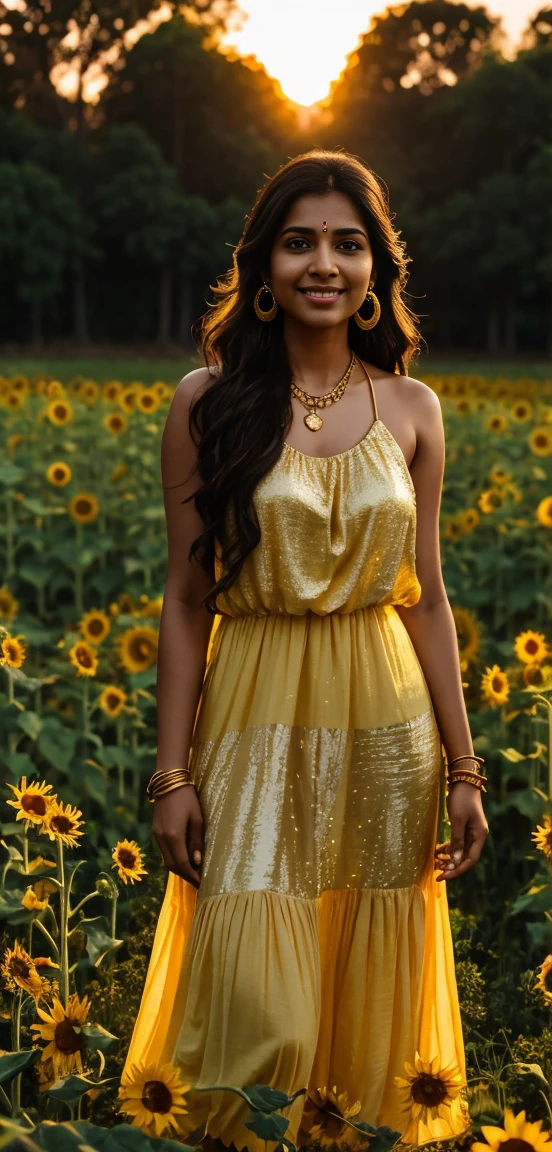 A indian woman is standing in a field of flowers at sunset, wearing a light sunflower  outfit consisting of a sleeveless top dress . She has long, flowing dark hair, gold earrings, a necklace, and gold bangles. The sky is a gradient of warm hues, and trees are visible in the background. Lusty smile 