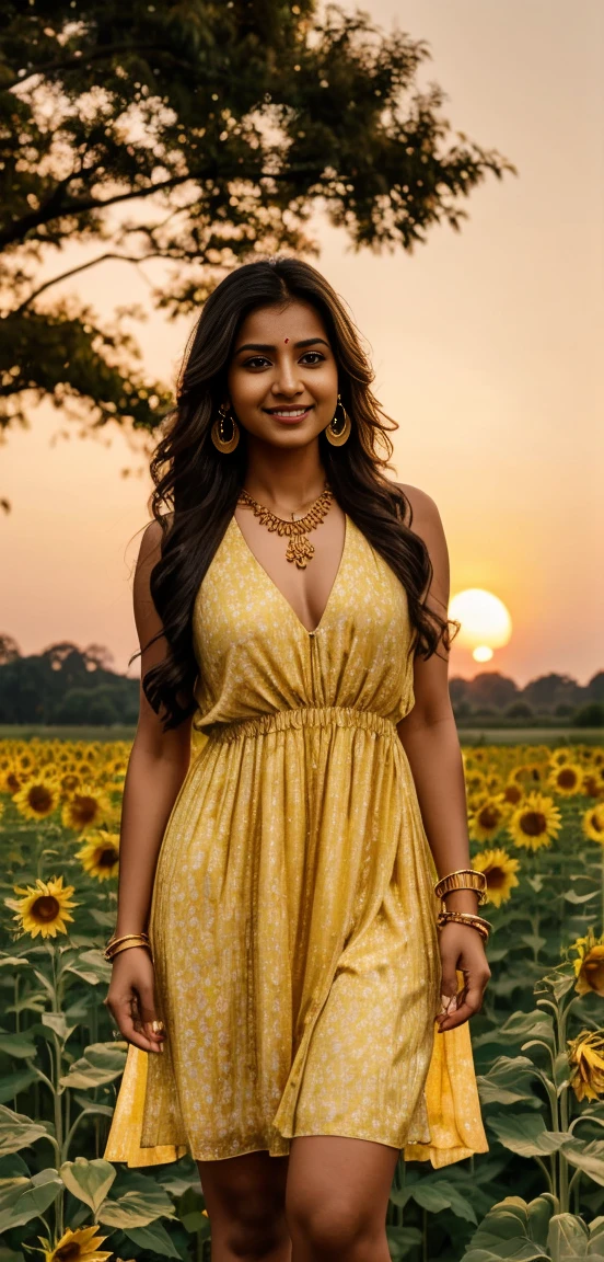 A indian woman is standing in a field of flowers at sunset, wearing a light sunflower  outfit consisting of a sleeveless top dress . She has long, flowing dark hair, gold earrings, a necklace, and gold bangles. The sky is a gradient of warm hues, and trees are visible in the background. Lusty smile 