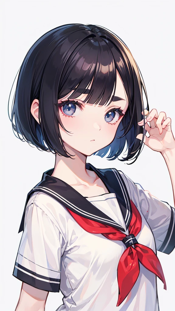 Please create an image that adheres to the following characteristics: - Short bob hairstyle - Short bangs on the forehead that clearly show eyebrows - Asian features with wide, lively eyes - Natural make-up - Sailor uniform - Simple white background
