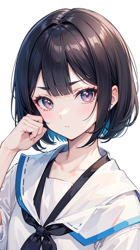 Please create an image that adheres to the following characteristics: - Short bob hairstyle - Short bangs on the forehead that clearly show eyebrows - Asian features with wide, lively eyes - Natural make-up - Sailor uniform - Simple white background