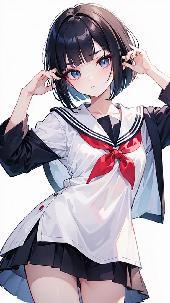 Please create an image that adheres to the following characteristics: - Short bob hairstyle - Short bangs on the forehead that clearly show eyebrows - Asian features with wide, lively eyes - Natural make-up - Sailor uniform - Simple white background