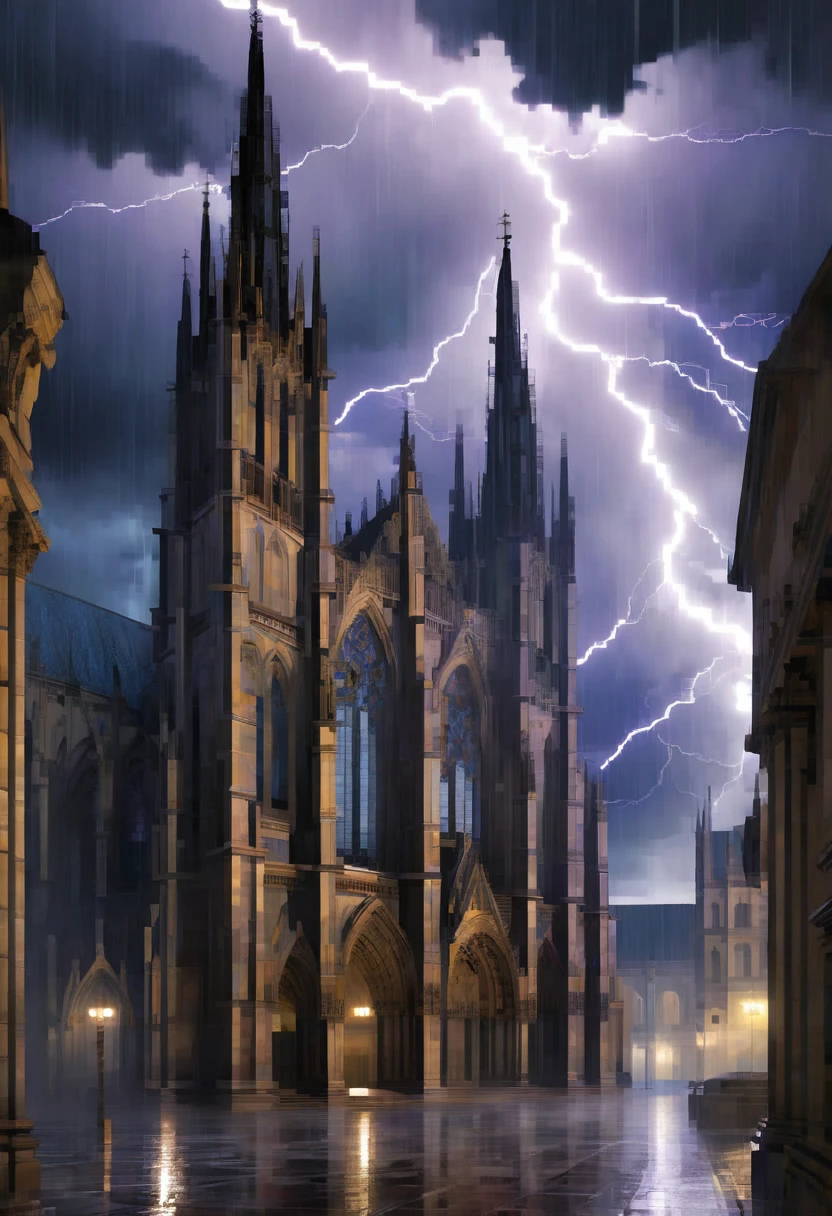 A Gothic cathedral during a thunderstorm, with ais-darkpartz swirling around the spires and lightning illuminating the ominous clouds.
