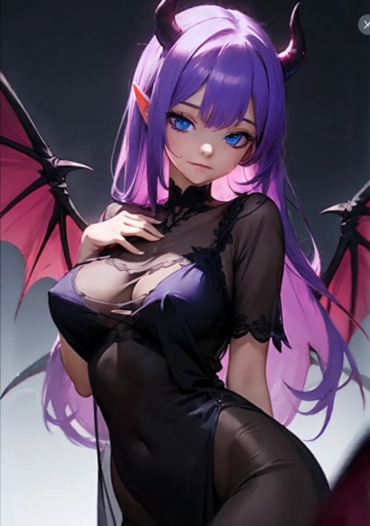 ((best quality)), ((masterpiece)), (detailed), 1girl, succubus demon, demon wings, purple hair, long hair, blue eyes, black nightgown, see through nightgown, nsfw