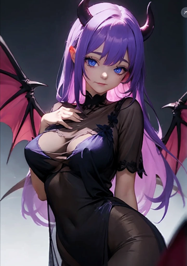 ((best quality)), ((masterpiece)), (detailed), 1girl, succubus demon, demon wings, purple hair, long hair, blue eyes, black nightgown, see through nightgown, nsfw