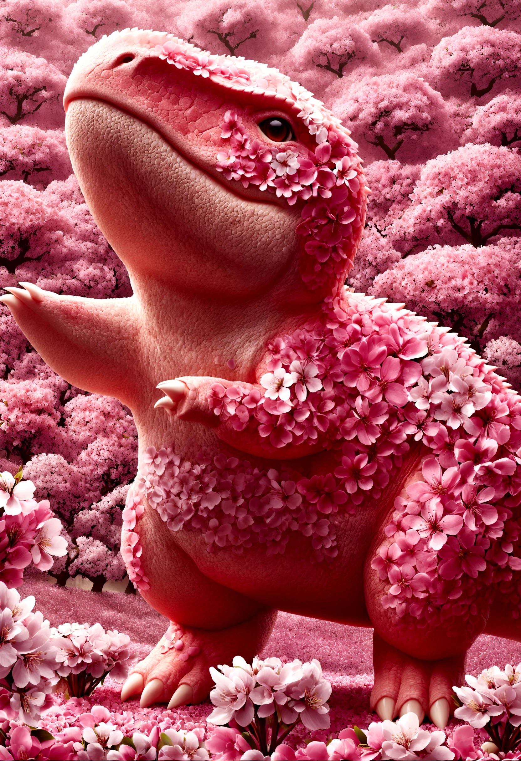 quality\(8k,wallpaper of extremely detailed CG unit, ​masterpiece,hight resolution,top-quality,top-quality real texture skin,hyper realisitic,increase the resolution,RAW photos,best qualtiy,highly detailed,the wallpaper\),Pink dinosaur with beautiful cherry blossoms blooming all over its body, made of cherry blossoms,cute, skin all overed with cherry blossom flowers, cherry blossoms everywhere\),dynamic pose,full body