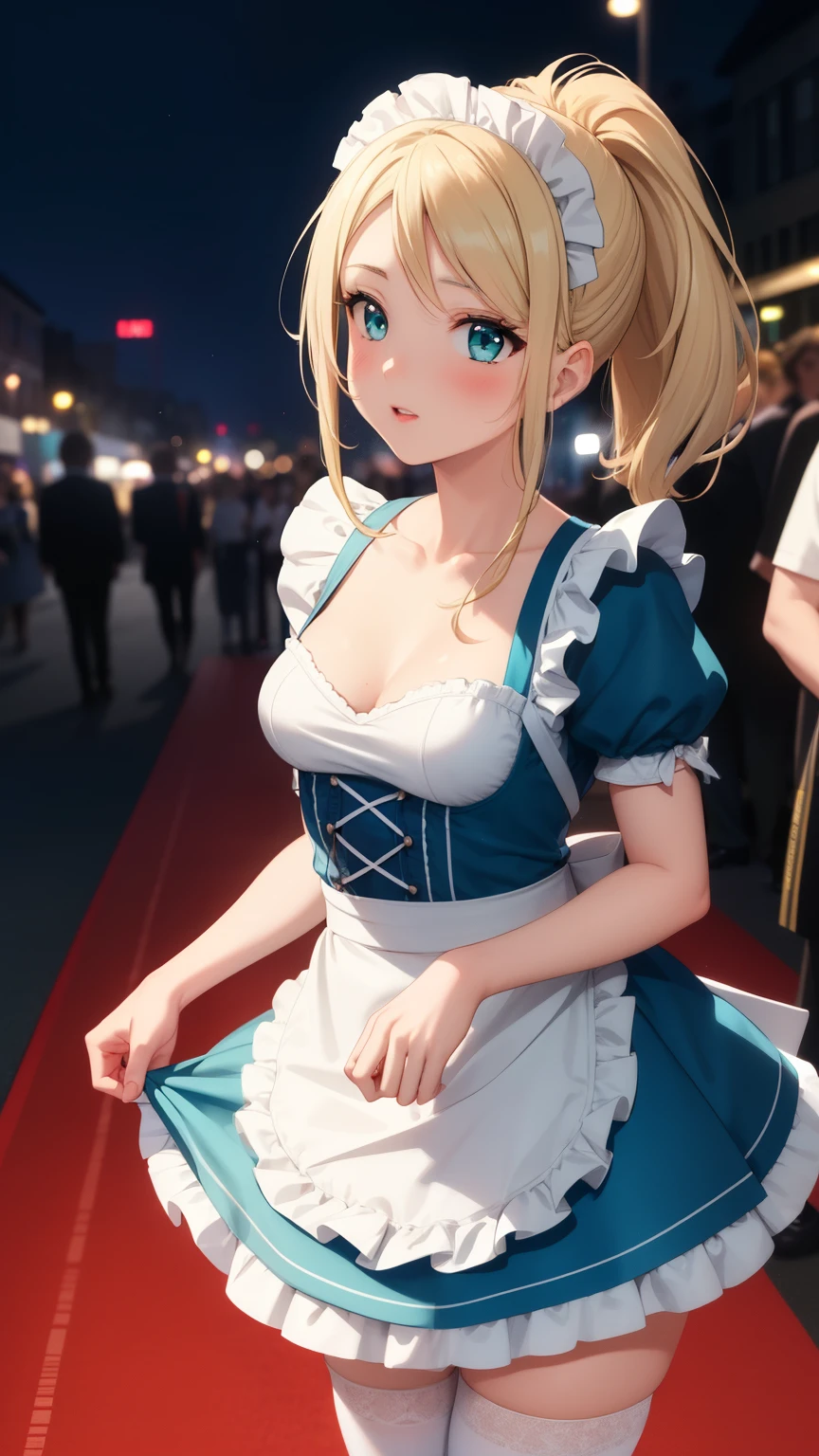 masterpiece, best quality, highly detailed, ultra high res, ayase arisa, 1girl, solo, hair ornament, long blonde hair, glossy lips, medium breasts, aqua eyes, ponytail, city street, night, red carpet, crowd, maid, short puffy sleeves, collarbone, thigh highs, small maid apron