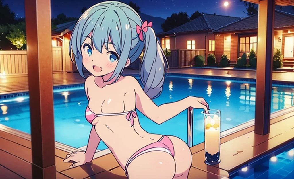 Masterpiece, Best Quality, extremely detailed, cheered up, girl,night pool,high waist bikini,SMILE,:d,action,(small breasts),ass focus nsfw