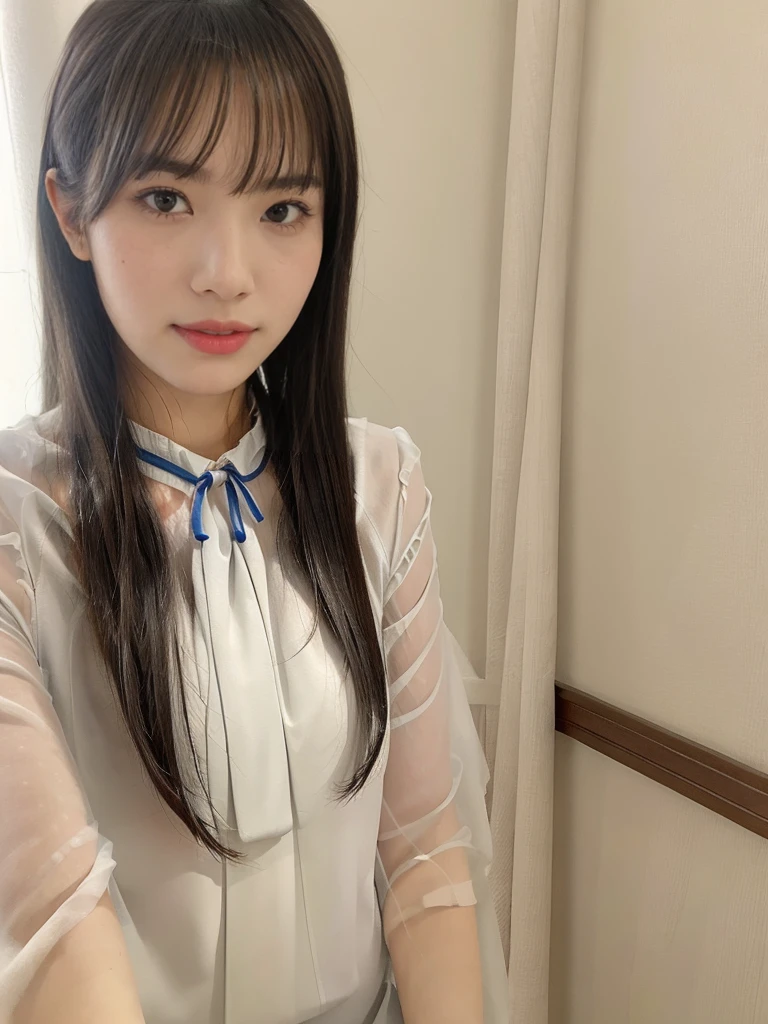 raw photo, 1girl, cute face, beautiful face, medium breast, collared blouse, White blouse, light smile, Upper body, detailed skin, pore, simple background, photorealistic, anatomically correct, masterpiece, best quality, UHD
