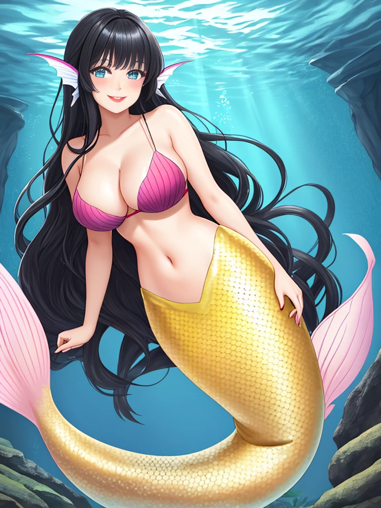 1girl, dark girl, mermaid, long hair, black hair, blue eyes, red lips, pink eyeshadow, smile, blush, happy face, full body, large breasts, mature female, underwater, yellow mermaid tail,