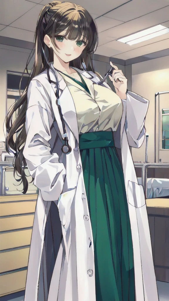 ((masterpiece, best quality, high quality)),1girl, (lower body, hospital), (doctor_uniform, labcoat, stethoscope, doctor),Large Breasts，cleavage，lipstick，Smile，lipstick，Green eyes