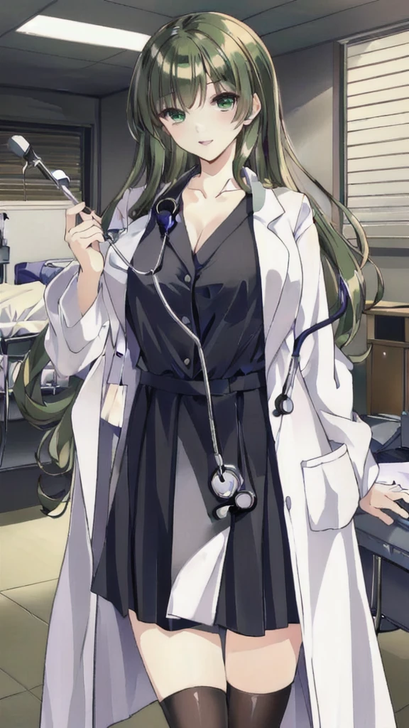 ((masterpiece, best quality, high quality)),1girl, (lower body, hospital), (doctor_uniform, labcoat, stethoscope, doctor),Large Breasts，cleavage，lipstick，Smile，lipstick，Green eyes