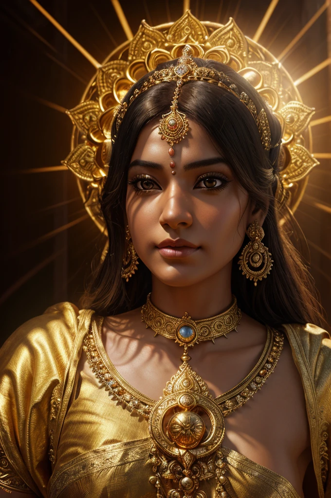 highly detailed portrait of a Shri Krishna sun god halo of light, gold, unreal engine, art by mark ryden, lostfish, earl norem, global illumination, god rays, detailed and intricate environment, elden ring style