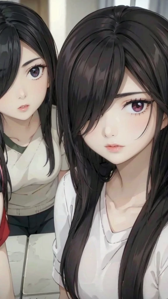 Mommy with 4 daughter,black hair, long hair, (hair over one eye:1.4), messy hair, hair between eyes, chubby cheek,Sexy lips, pucker lips
