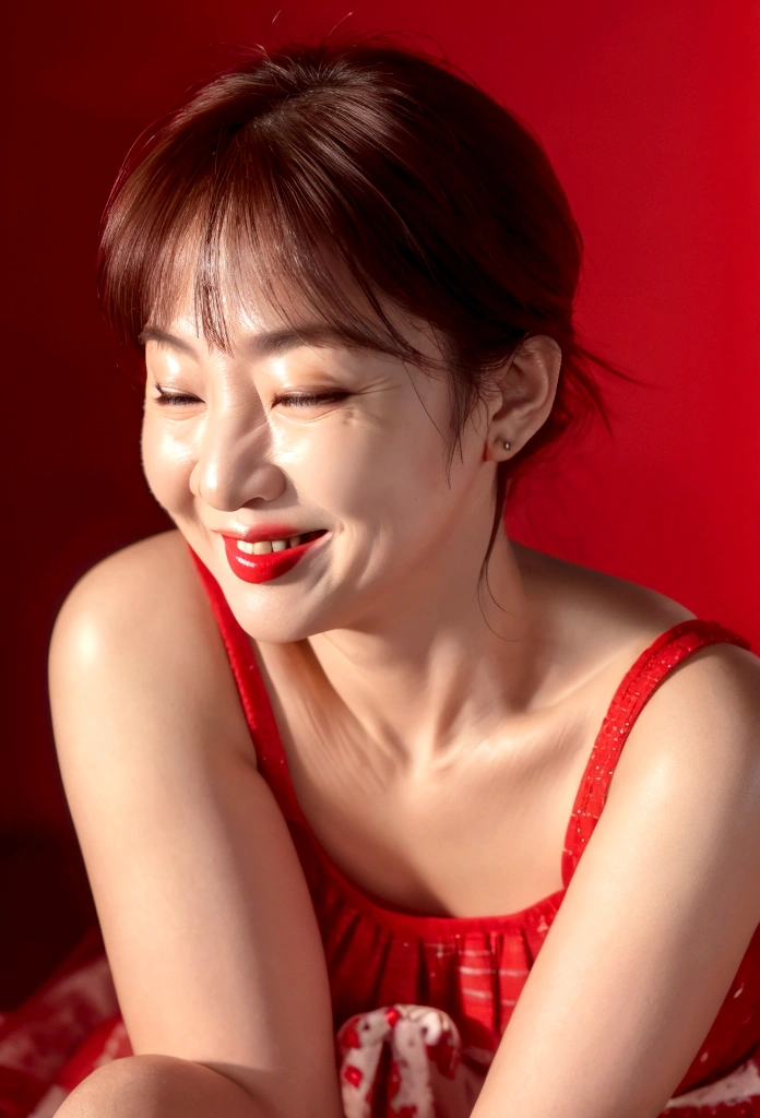 (8K, RAW Photos, Highest quality, masterpiece:1.2), (Realistic, photo-Realistic:1.37), Super detailed, 55 years old,1 female,round face,cute, alone,Talking,night,Sitting,Date,(Red nose),(smile:1.1),(Mouth closed)