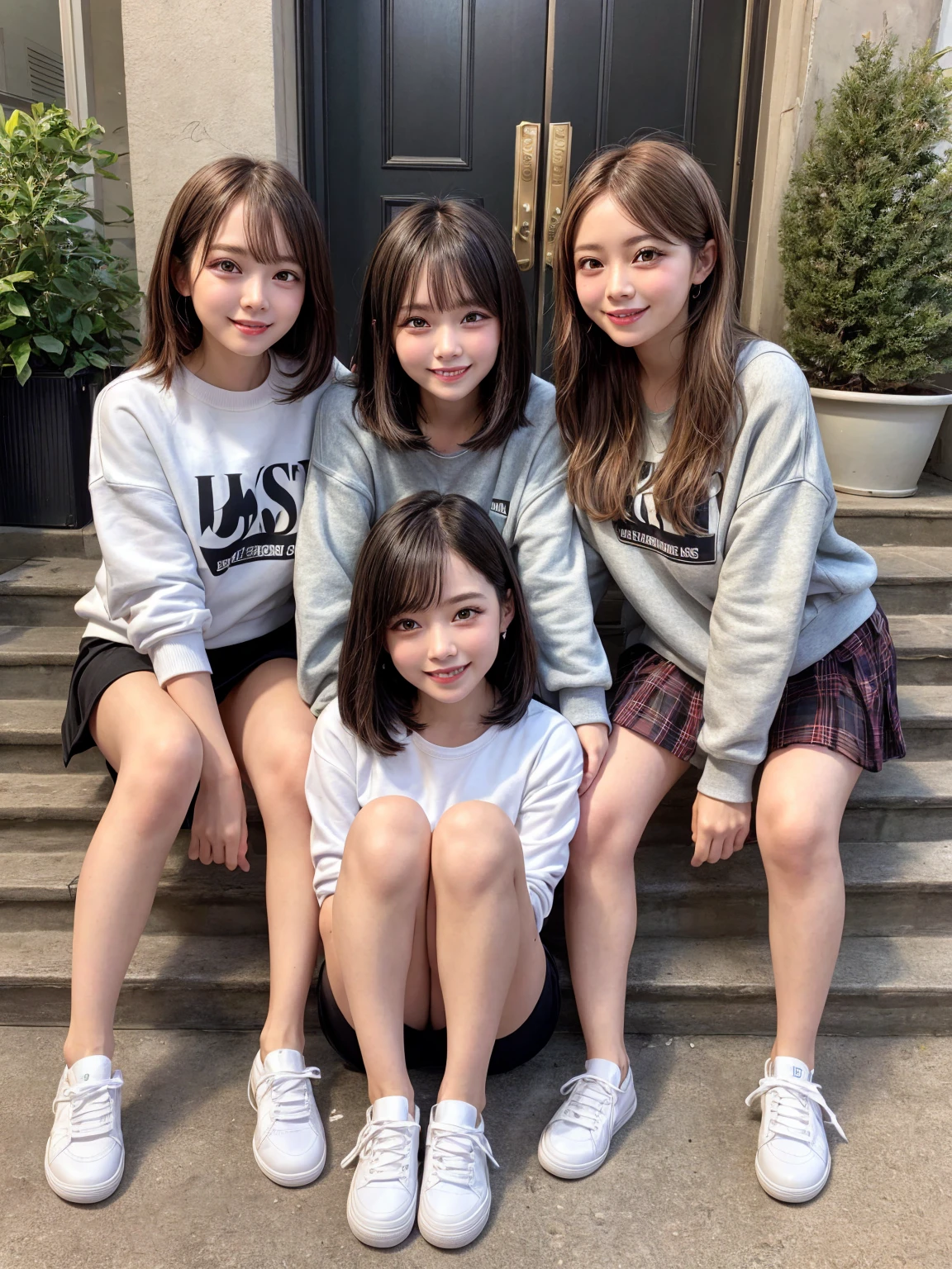 Four happy girls were sitting on the stone steps, Take a full body photo、Laughing happily、She was wearing a short sweatshirt, Vans Sneakers, Red Check Skirt、White sneakers, Black Hair, detached houses, Flowers,Happy girl with round face, Big eyes, Long eyelashes, Full-body display、Small pubic area、Hairless、Detailed female genitalia、Spread your legs、From directly below、I can see your pussy