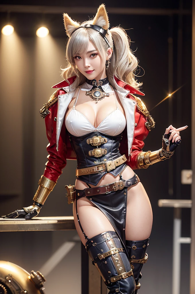 Woman portrait、Highest quality、Rear view、8K,Detailed face, clear, Fine skin、Clear, beautiful eyes、whole body、whole body、Curly Hair、My hair was messed up by the wind、The beauty of a smile、(Glamorous Muscle、tall),(Hip_superior, Hip superior), Mature Woman,( Watching the audience),Realistic, High resolution, Soft Light,1 female, alone, Hipアップ, Glowing Skin, (Detailed face), Sexy smile, Perfect Style, Perfect balance,Platinum gold hair,Long Hair,Naughty look, ((Steampunk long maxi-skirt)), (Red and white mechs, High-tech Mecha,Beautiful steampunk cyborg woman,Steampunk Mecha Cyborg Girl,Light red and white jacket with blue steampunk,silver dress shirt,fake animal ear,High leg,Steampunk bodystocking,Gorgeous decorated gold belt,Steampunk bodystocking,elbow gloves),((arms behind back)),(bokeh),(studio lighting)