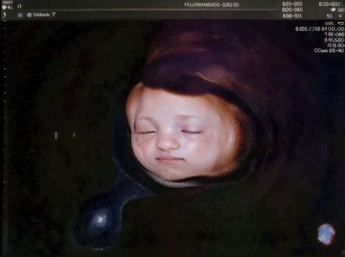 Enhance this 4D ultrasound image of a 32 weeks fetus. Arafed image of a baby's face, fetus, high-resolution scan, Very chromatic aberration, extremely high-quality scan, Hyper-realistic simulation, high-quality scan, Bump mapping, High-quality 3D realism, simetry! human fetus, Realistic flesh texture, Heavy JPEG artifact blurred, Highly realistic bump mapping, high-resolution scan. A close-up image of a head with an image of a 32 weeks fetus, high-resolution scan, high-resolution scan, Escaneo 4K, Escaneo 4K, Escaneo HD, fetus, Close - IP shot, Tapa de pantalla, Medical imaging, Highly coherent image, Detailed analysis, screen capture, extremely high-quality scan, 8K scan, 8K scan, Detailed screen capture. face in profile. eyes closed