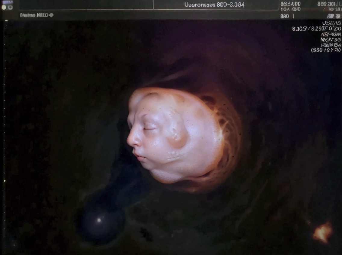 Image of a 10-week-old embryo in a uterus, captura, maternal photography 4 k, high quality scan, extremely high quality scan, high resolution scan, femme fetal, video still, Artefacto JPEG pesado borroso, feto, webcam footage, high resolution scan, Escaneo profesional de alta calidad, Disturbing images, metraje realista